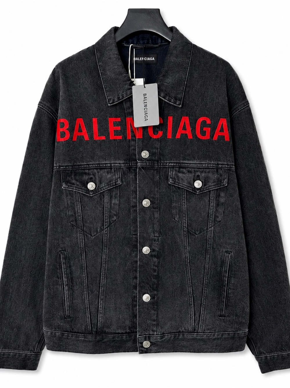Balenciaga Black Denim Jacket with Red Chest Logo